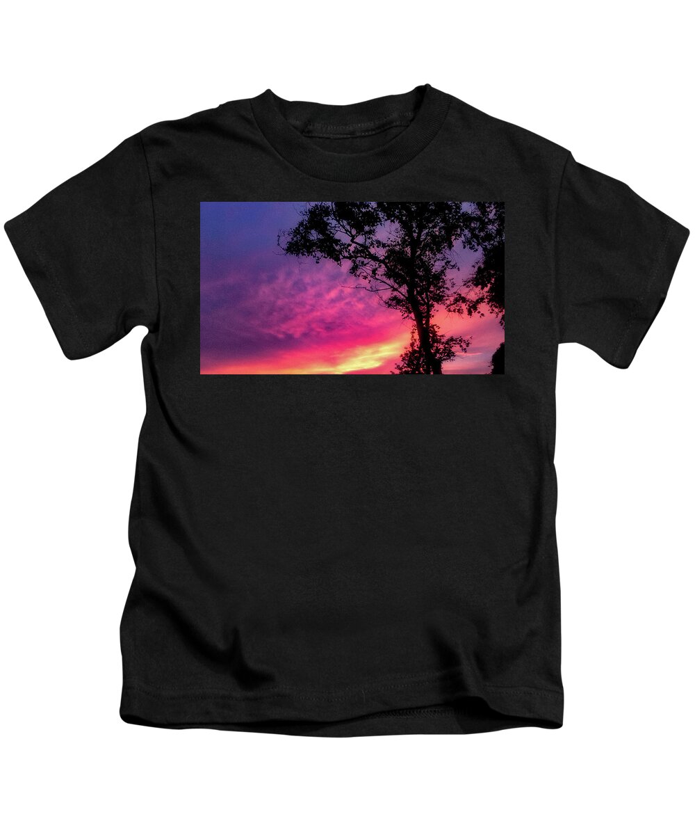 Landscape  Sunset   Kids T-Shirt featuring the photograph Sunset behind a tree by Kelsea Peet