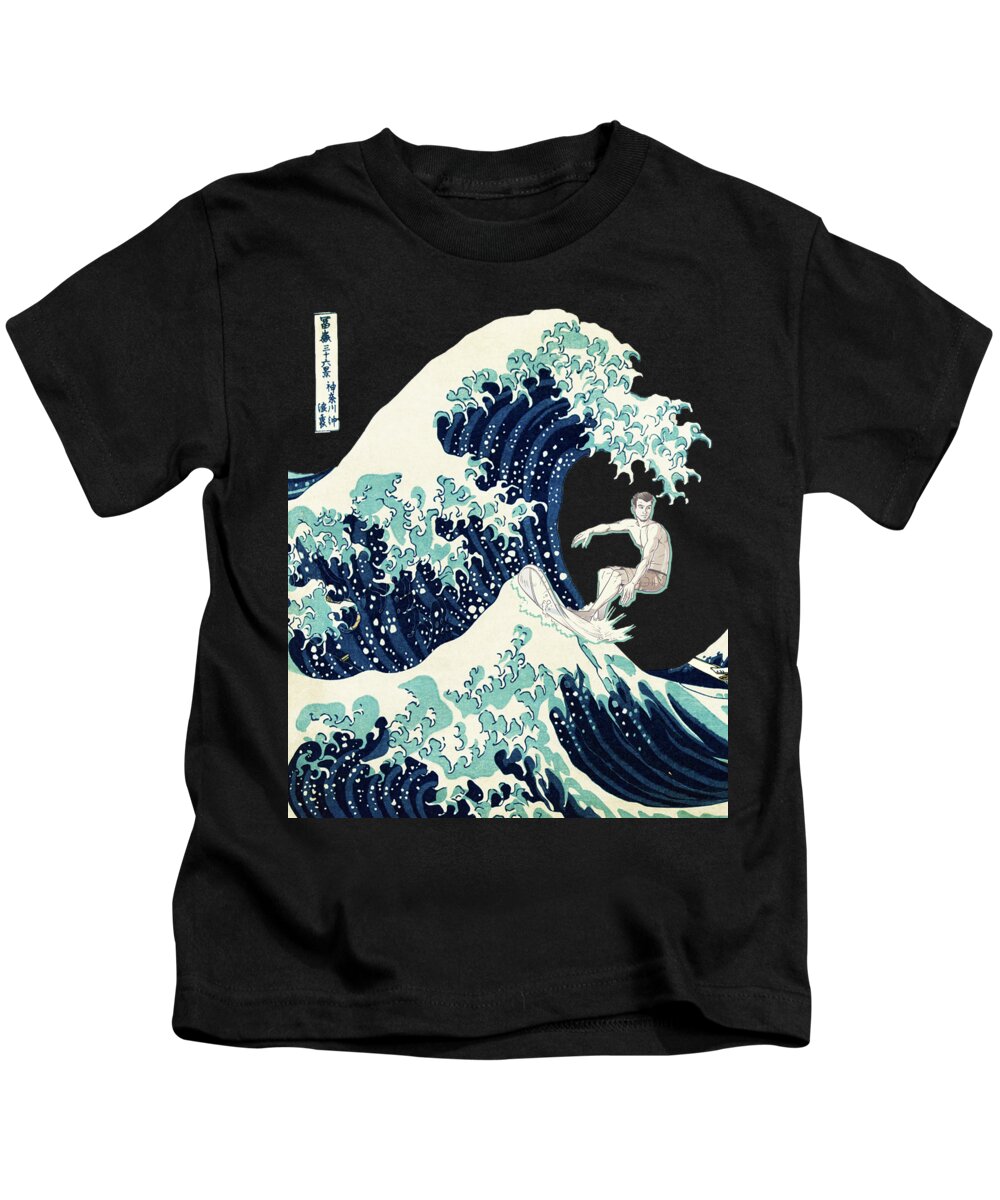 Sign Kids T-Shirt featuring the painting Surfer Japanese Great Wave Print by Tony Rubino