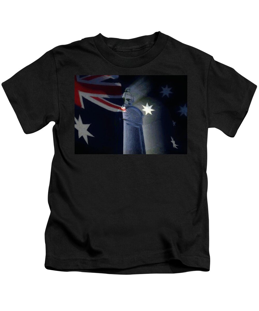 War Memorial Kids T-Shirt featuring the mixed media The Clock Stopped 0425 Landings In Gallipoli by Joan Stratton