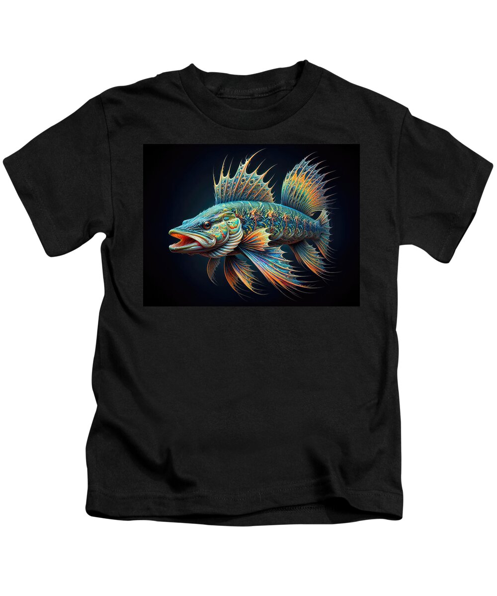 Northern Pike Kids T-Shirt featuring the digital art The Empress of Emerald Waters by Bill and Linda Tiepelman