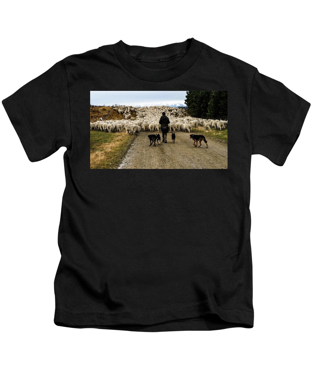 New Zealand Kids T-Shirt featuring the photograph While Shepherds Watched - High Country Muster, South Island, New Zealand by Earth And Spirit