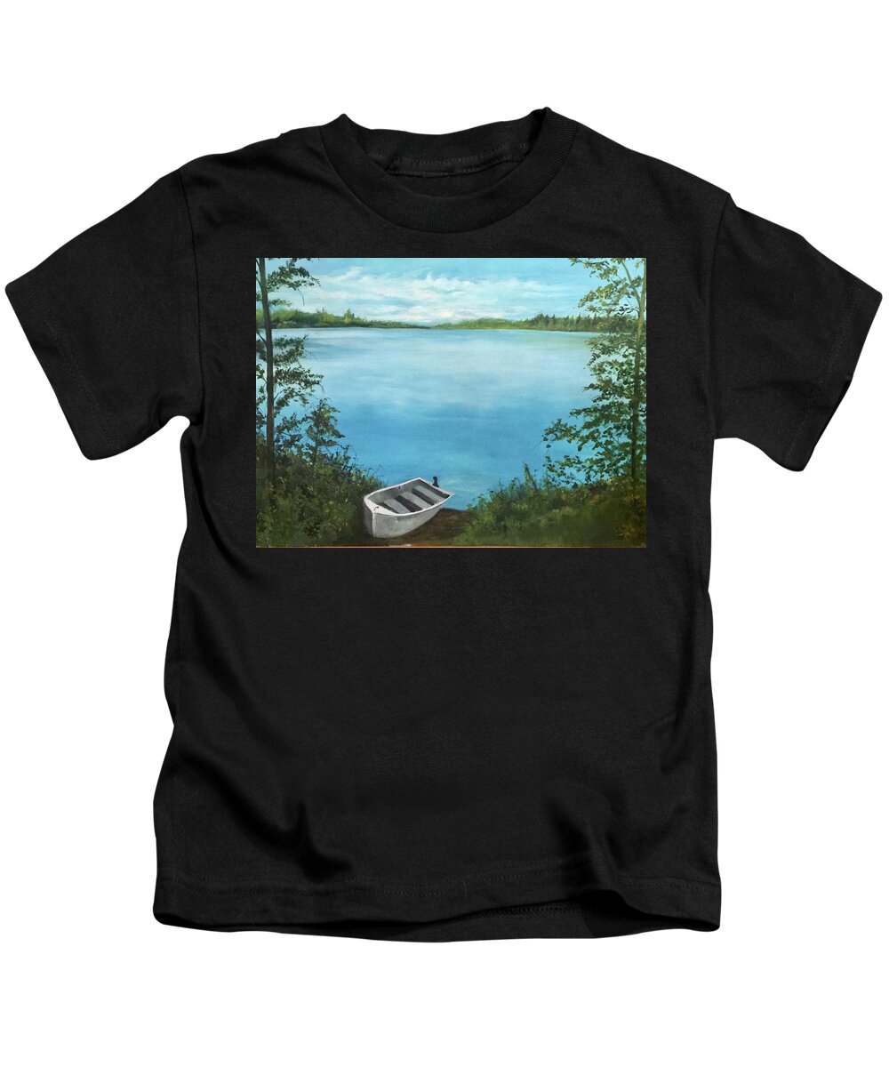Landscape Lake Pond Water Blue Outdoor Fishing Kids T-Shirt featuring the painting Tooley Pond by Janet Visser