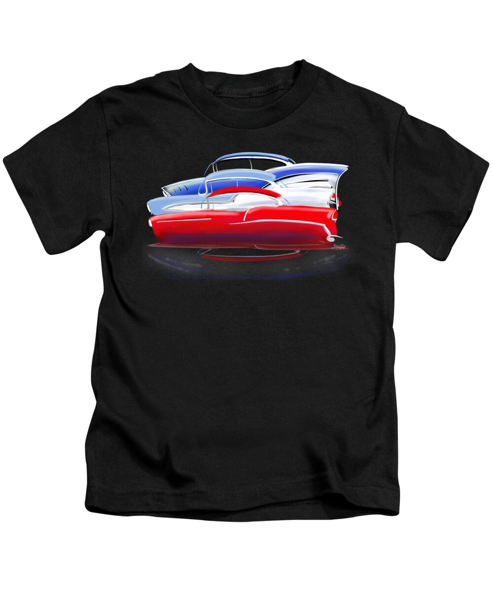  Chevy Kids T-Shirt featuring the digital art Tri-Five Chevrolets grouping by Doug Gist