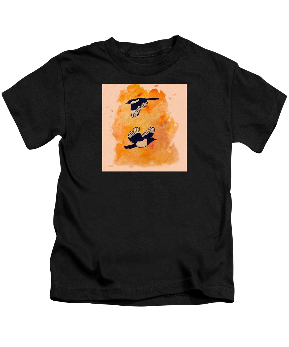 Magpies Kids T-Shirt featuring the painting Two for Joy by Martine Murphy