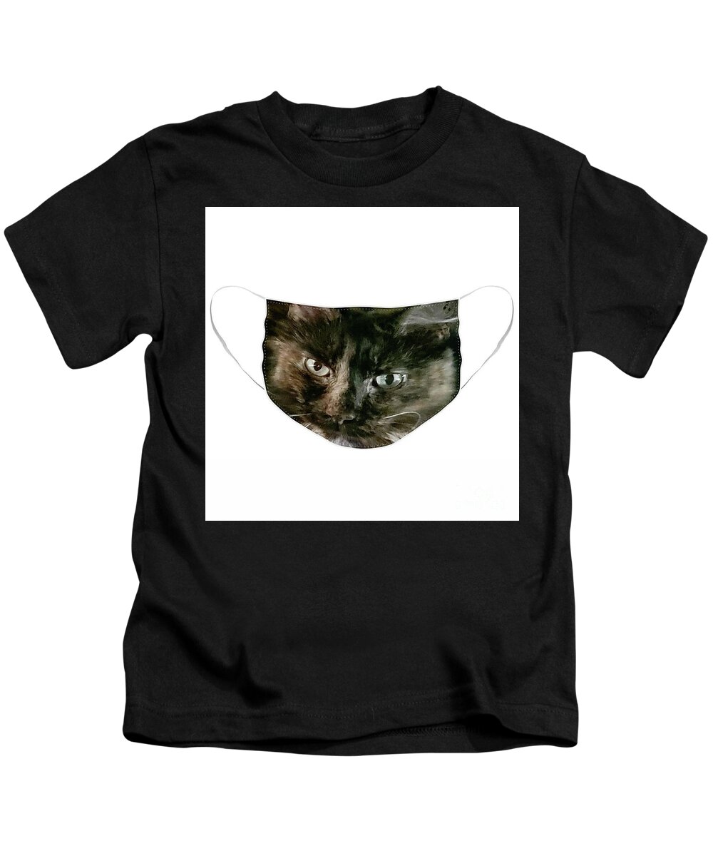 Cat; Kitten; Torti; Torti Cat; Tortoiseshell; Gold; Brown; Black; Green Eyes; Cat Eyes; Kitten Eyes; Macro; Close-up; Photography; Watercolor; Monochrome; Face Mask; Mask Kids T-Shirt featuring the photograph Two Tones Torti Face Mask by Tina Uihlein