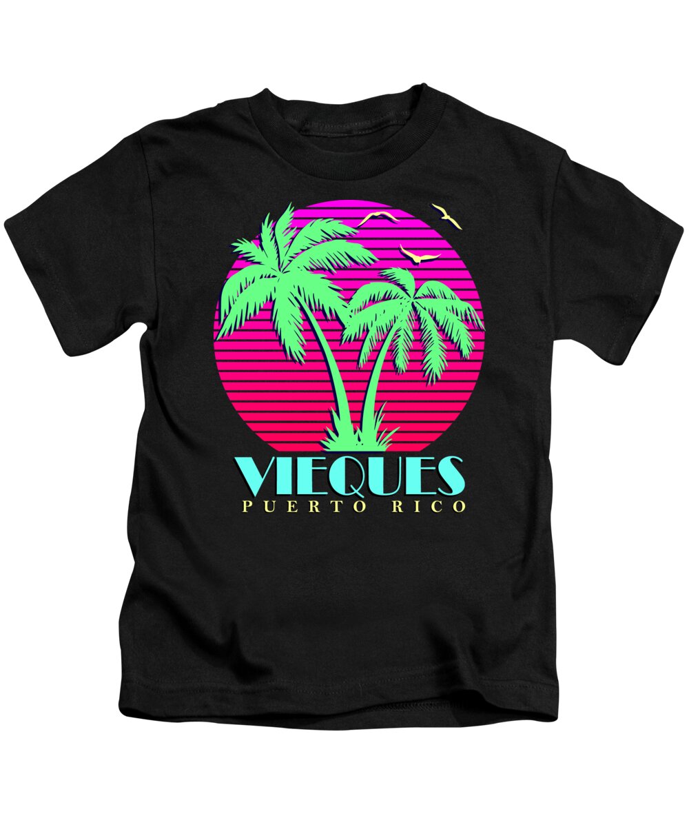 Classic Kids T-Shirt featuring the digital art Vieques Puerto Rico Retro Palm Trees Sunset by Megan Miller