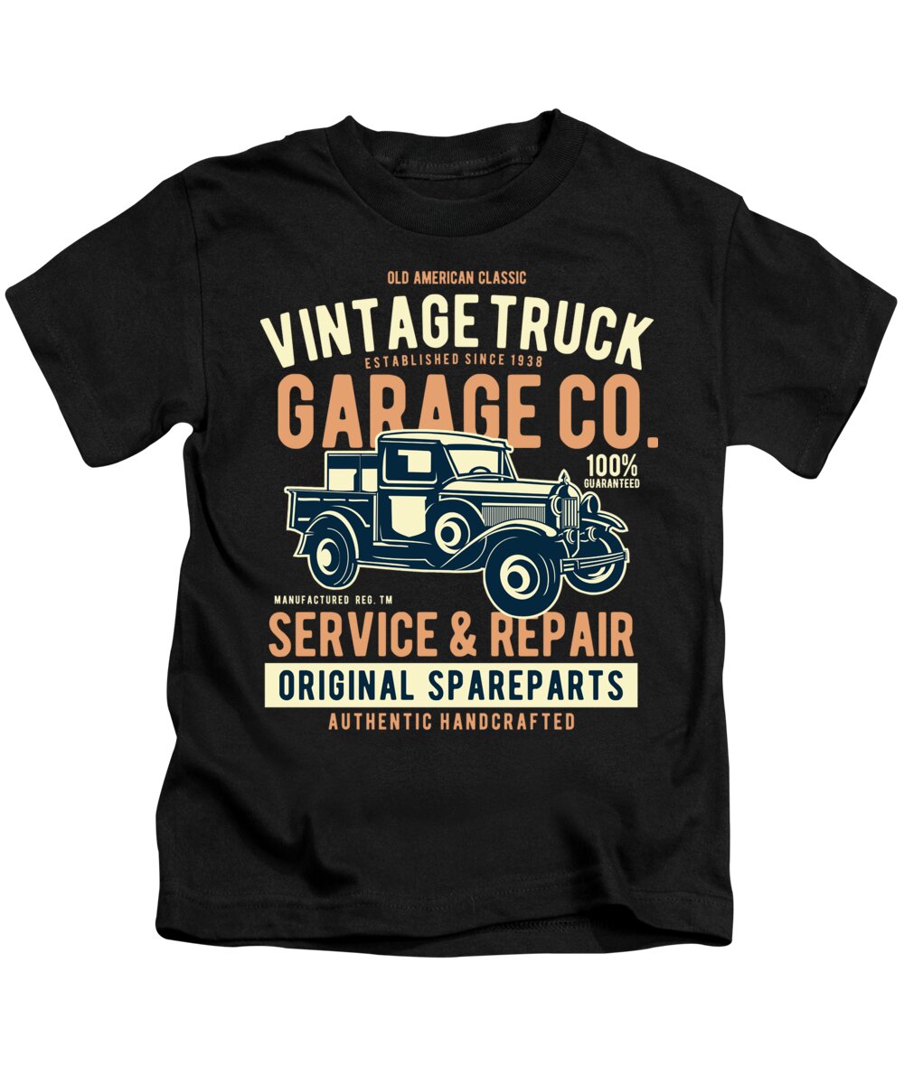 Distressed Kids T-Shirt featuring the digital art Vintage Truck Garage Co by Jacob Zelazny