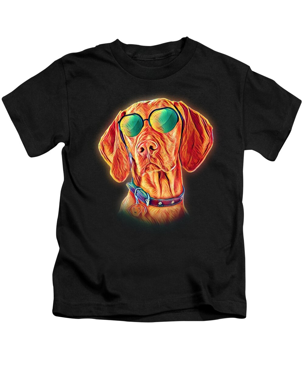 Vizsla Gifts Kids T-Shirt featuring the digital art Vizsla Neon Dog Sunglasses by Jacob Zelazny