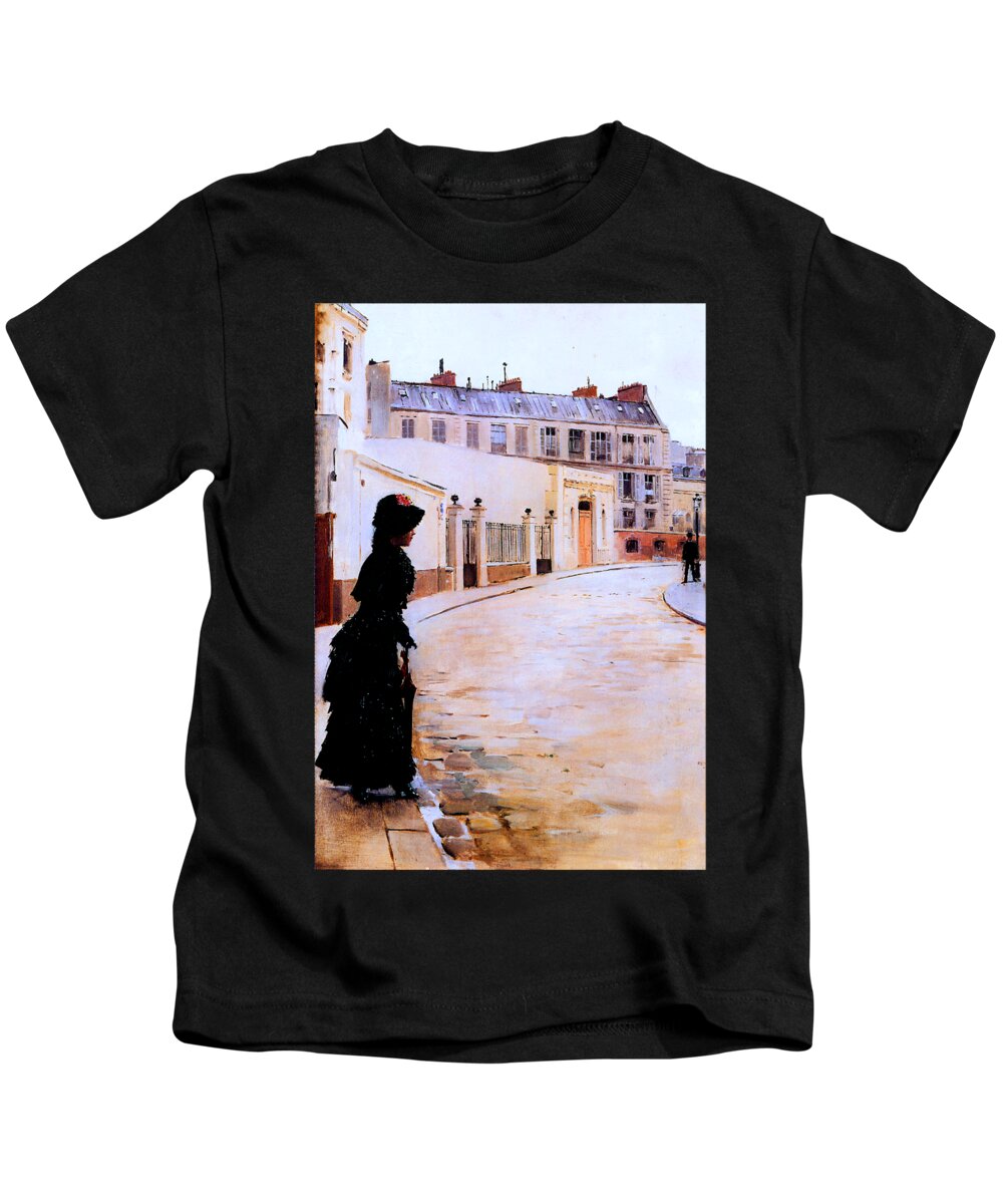Beraud Kids T-Shirt featuring the painting Waiting, Paris Rue de Chateaubriand 1900 by Jean Beraud