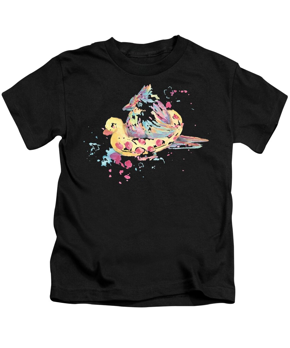 Colorful Kids T-Shirt featuring the digital art Watercolor Bird Rubber Duck Floral Animal by Jacob Zelazny