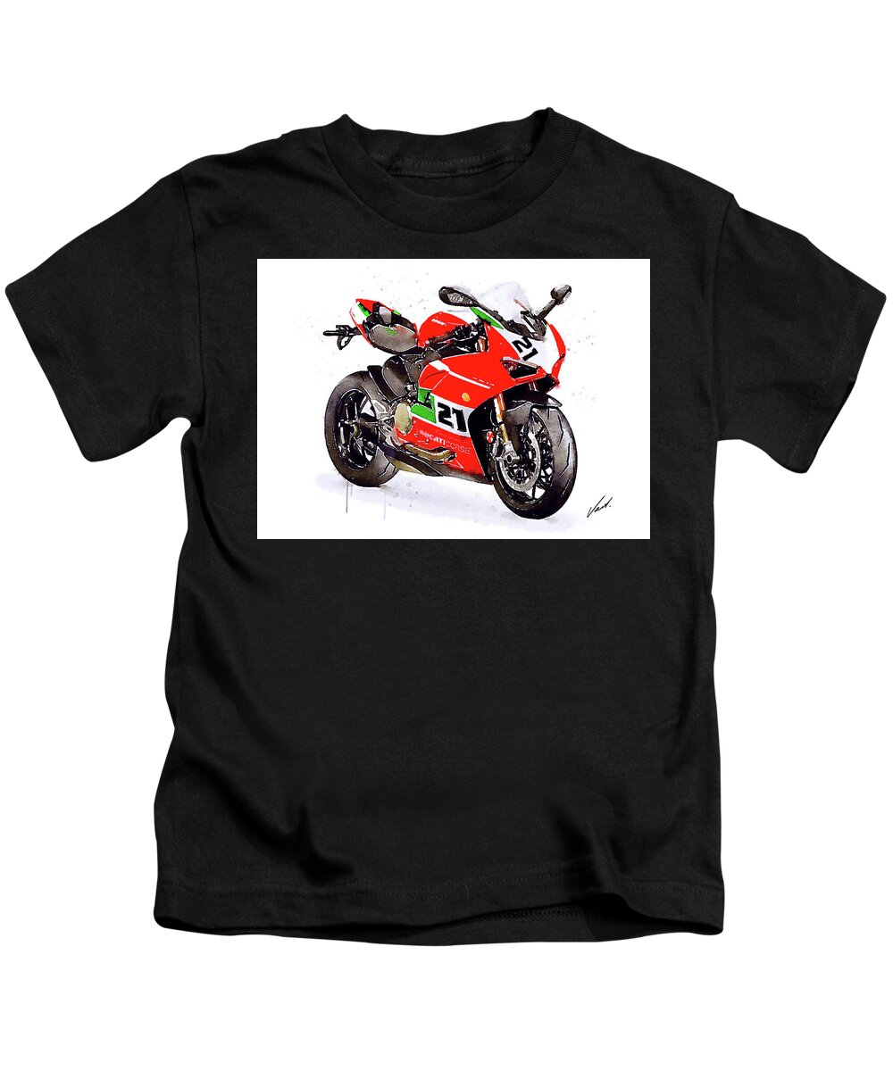 Sport Kids T-Shirt featuring the painting Watercolor Ducati Panigale V2 Bayliss motorcycle, oryginal artwork by Vart. by Vart Studio