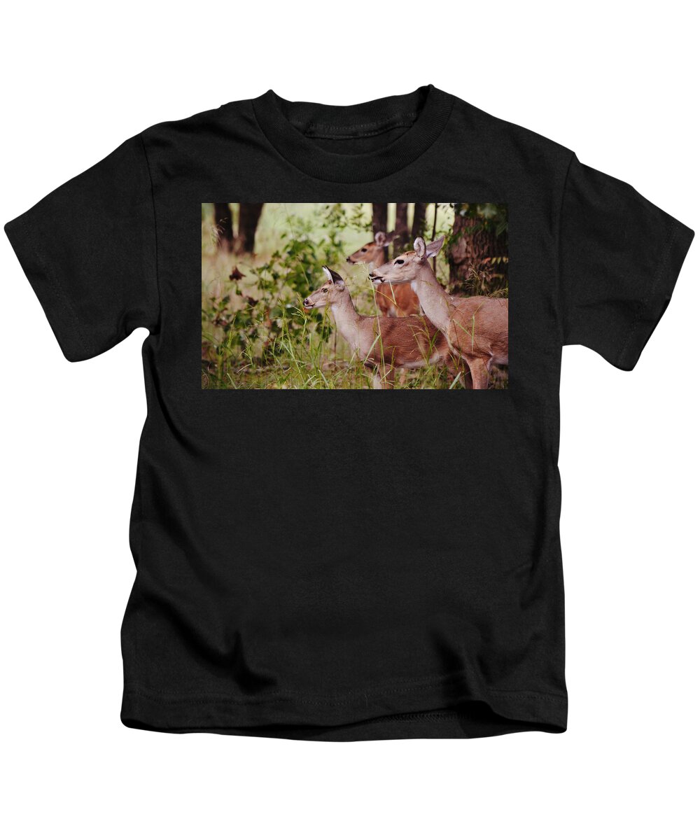 Deer Kids T-Shirt featuring the photograph We Three Doe Deer by Gaby Ethington