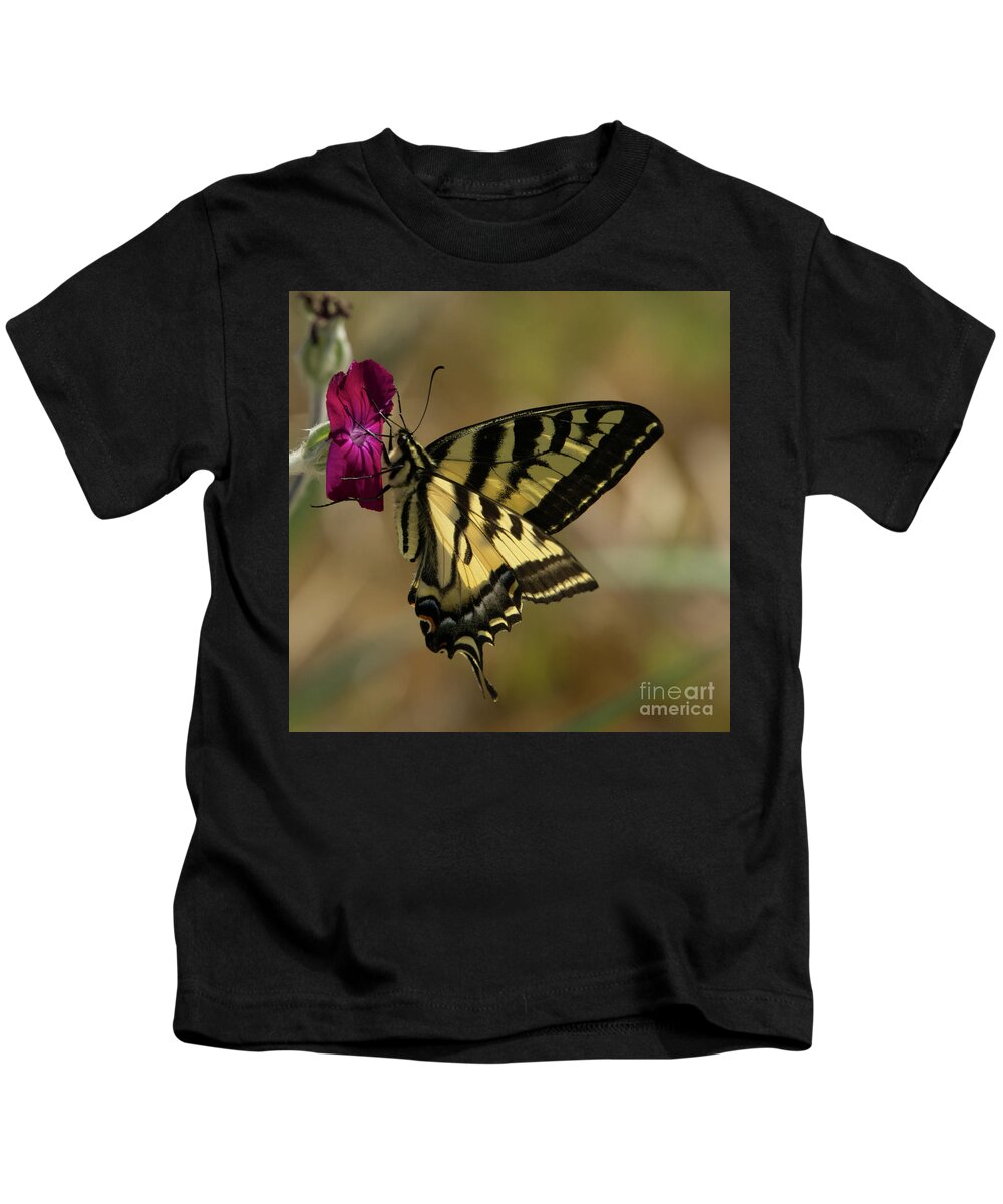Western Tiger Swallowtail Kids T-Shirt featuring the photograph Western Tiger Swallowtail Butterfly Clings to Wildflower by Nancy Gleason