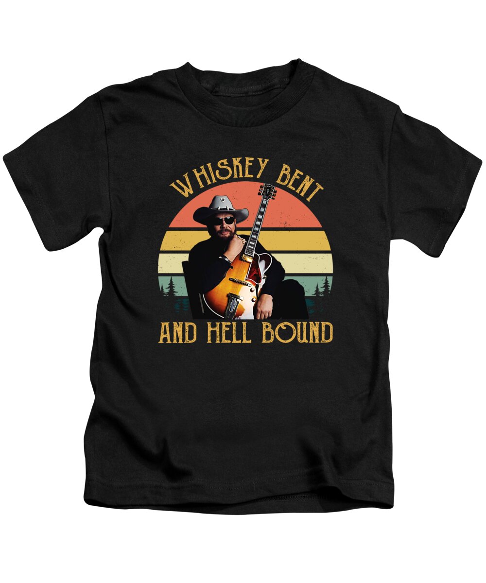 Hank Williams Jr Kids T-Shirt featuring the digital art Whiskey Bent and Hell Bound Hank Retro Williams Vintage by Notorious Artist