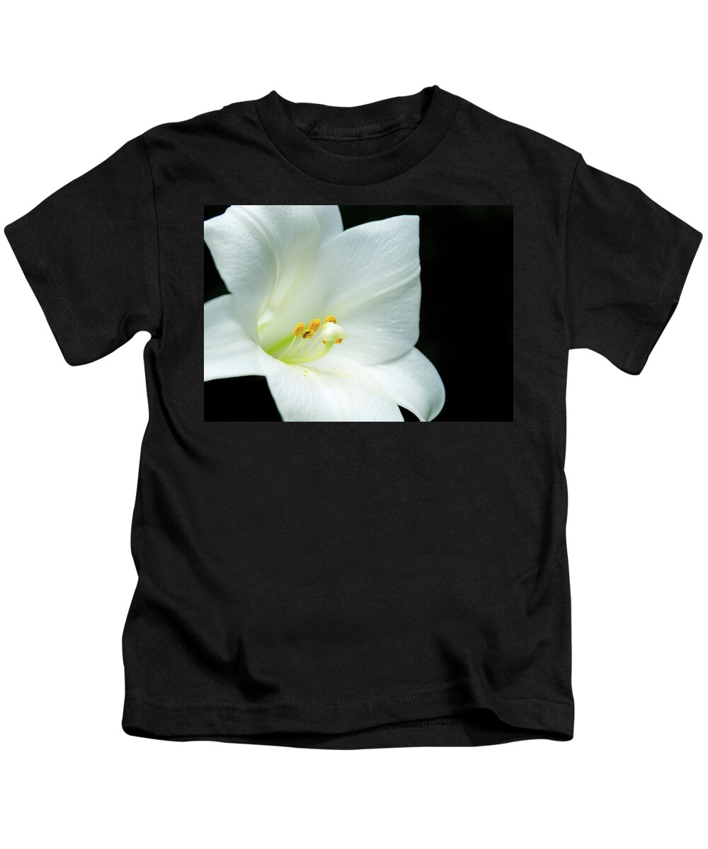Abstract Kids T-Shirt featuring the photograph White lily flower, yellow pollen, dark background by Jean-Luc Farges