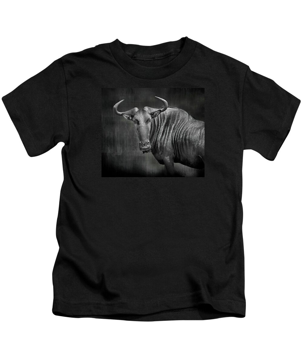 Wildebeest Kids T-Shirt featuring the photograph Wildebeest in Black and White by Rebecca Herranen