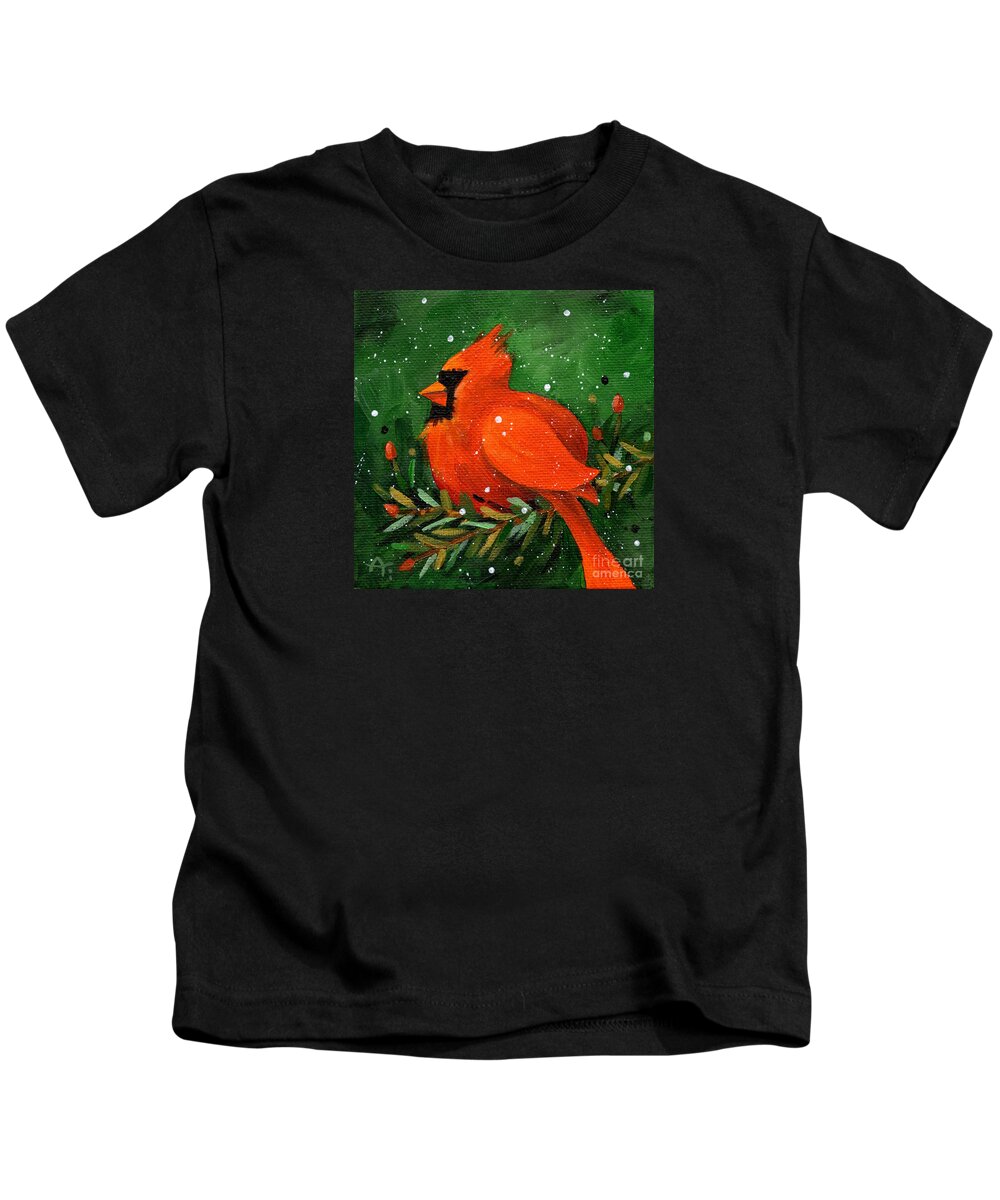 Cardinal Kids T-Shirt featuring the painting Winter Cardinal on Pine Branch by Annie Troe