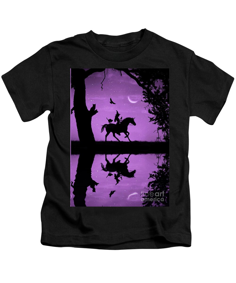 Halloween Kids T-Shirt featuring the photograph Witch Ravens Unicorn Oak Cat and Crescent Moon Fantasy Fun Halloween by Stephanie Laird