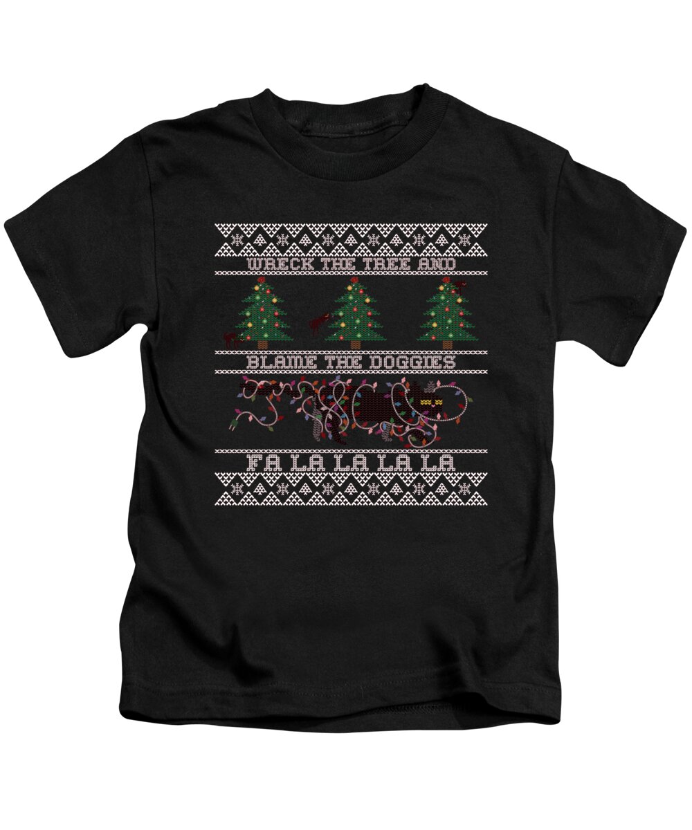 Christmas 2023 Kids T-Shirt featuring the digital art Wreck the Tree and Blame the Doggies Funny Cat Christmas Pun by Flippin Sweet Gear