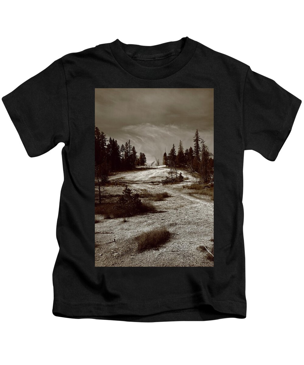 America Kids T-Shirt featuring the photograph Yellowstone Park - Mountain Slope 2009 Sepia by Frank Romeo