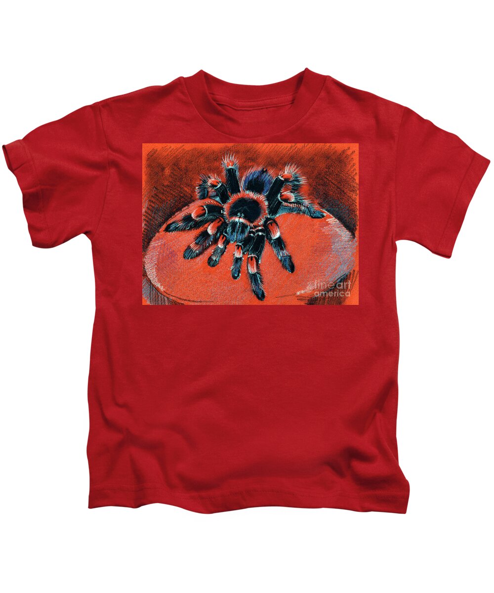 Mexican Redknee Tarantula Kids T-Shirt featuring the drawing Brachypelma smithi Redknee Tarantula #1 by Daliana Pacuraru
