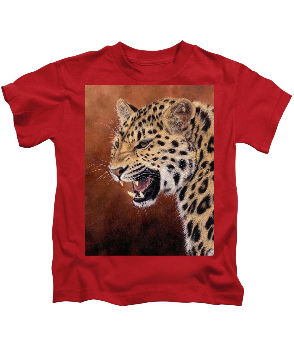 Leopard Kids T-Shirt featuring the painting Amur Leopard Painting by Rachel Stribbling