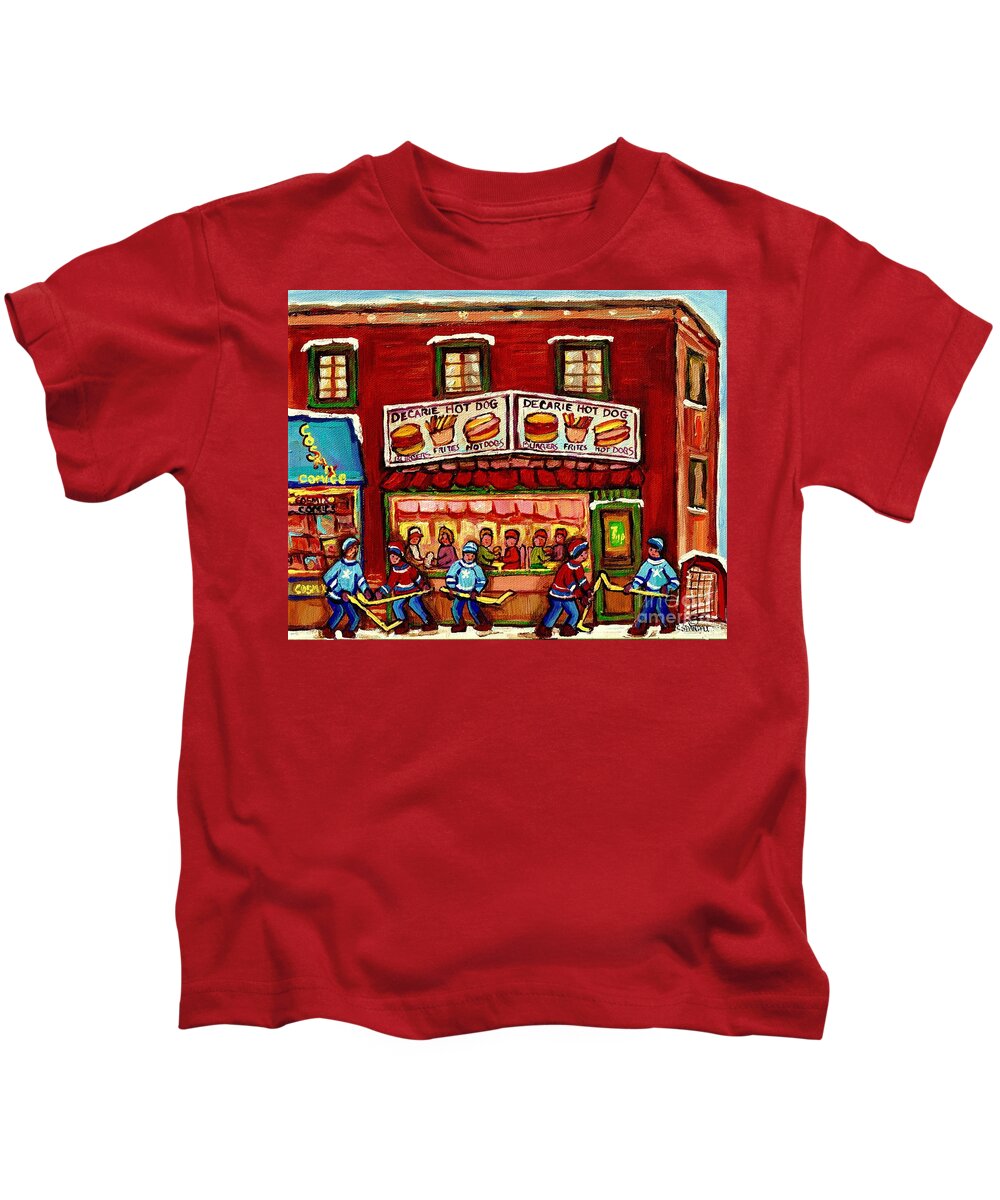 Montreal Kids T-Shirt featuring the painting Decarie Hot Dog Restaurant Cosmix Comic Store Montreal Paintings Hockey Art Winter Scenes C Spandau by Carole Spandau