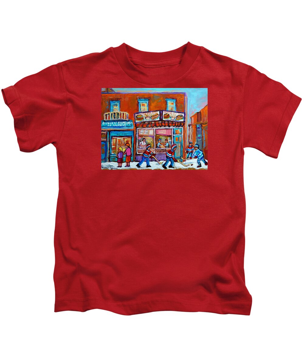 Montreal Kids T-Shirt featuring the painting Decarie Hot Dog Restaurant Ville St. Laurent Montreal by Carole Spandau