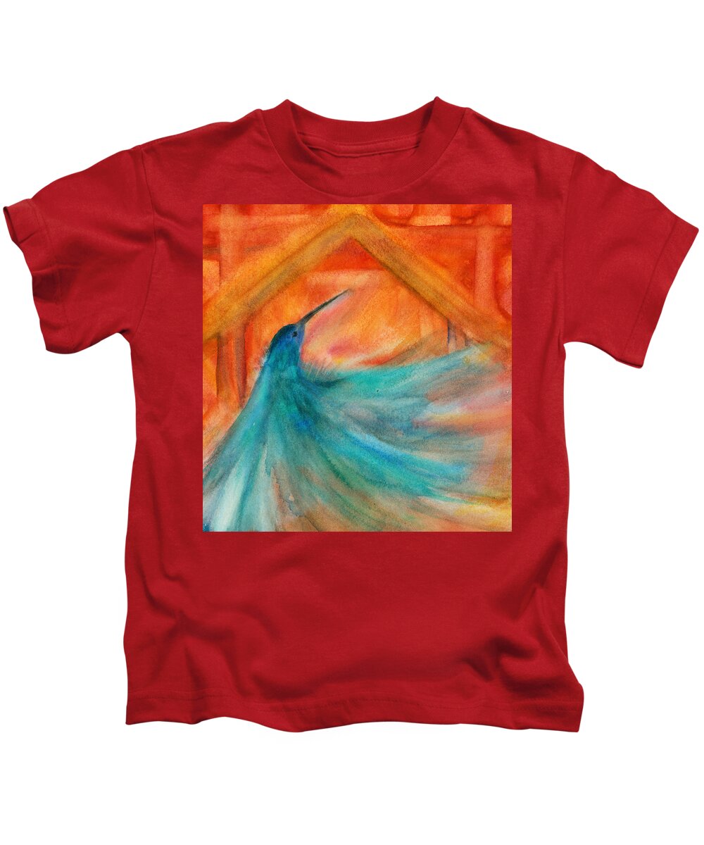 Bird Kids T-Shirt featuring the painting Flying up to your door by Suzy Norris