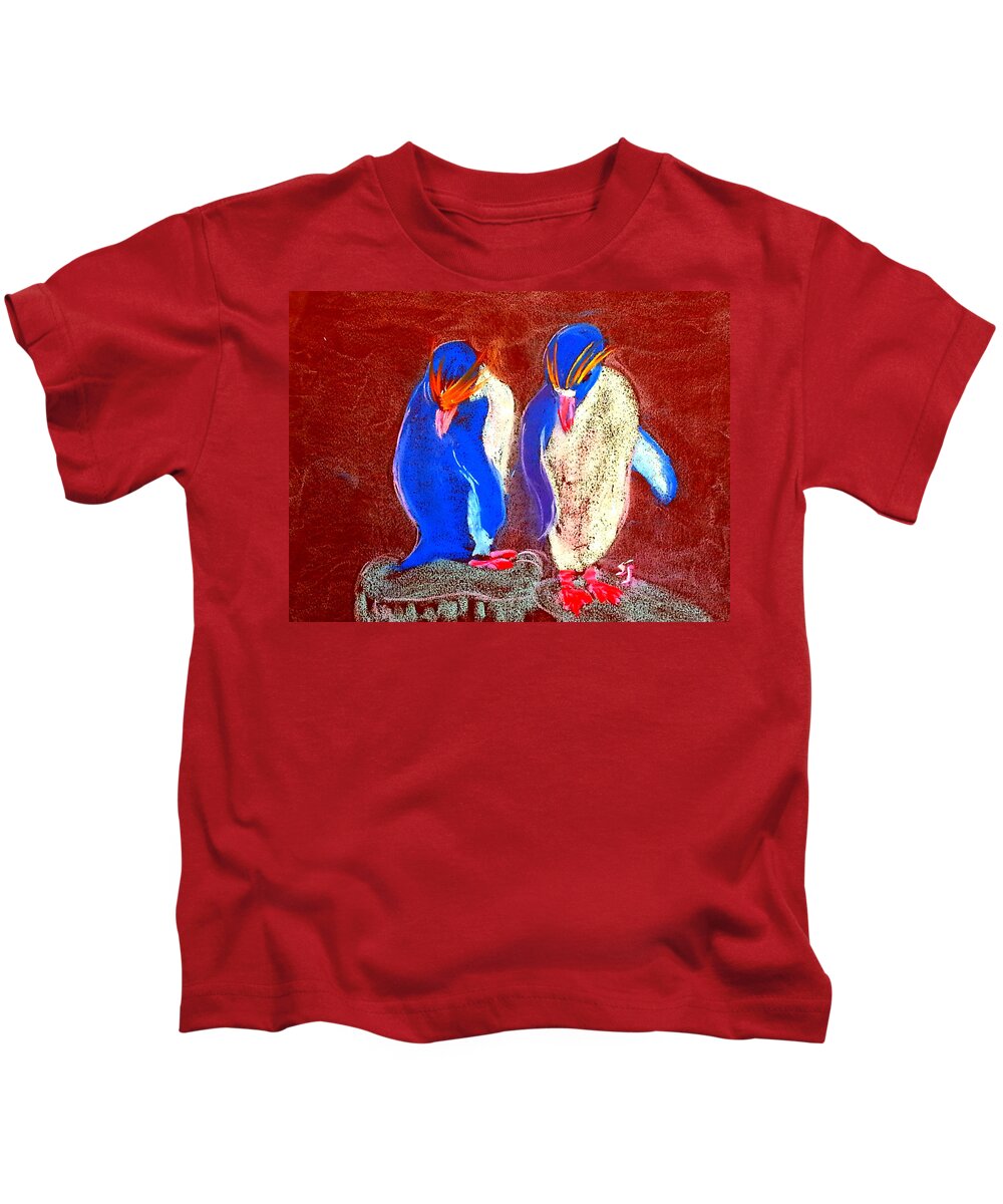Art Kids T-Shirt featuring the painting Funky Rockhopper Penguins by Sue Jacobi