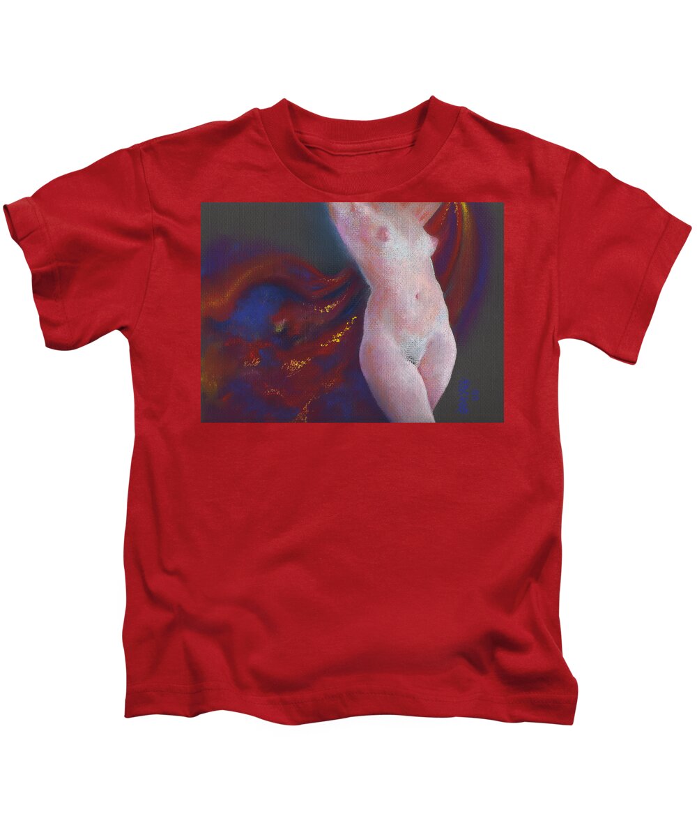 Female Nude Kids T-Shirt featuring the pastel Nude Female Torso in Bright Light from Front with Radiant Red Cloth Flowing Behind with Gold Sparkle by Scott Kirkman