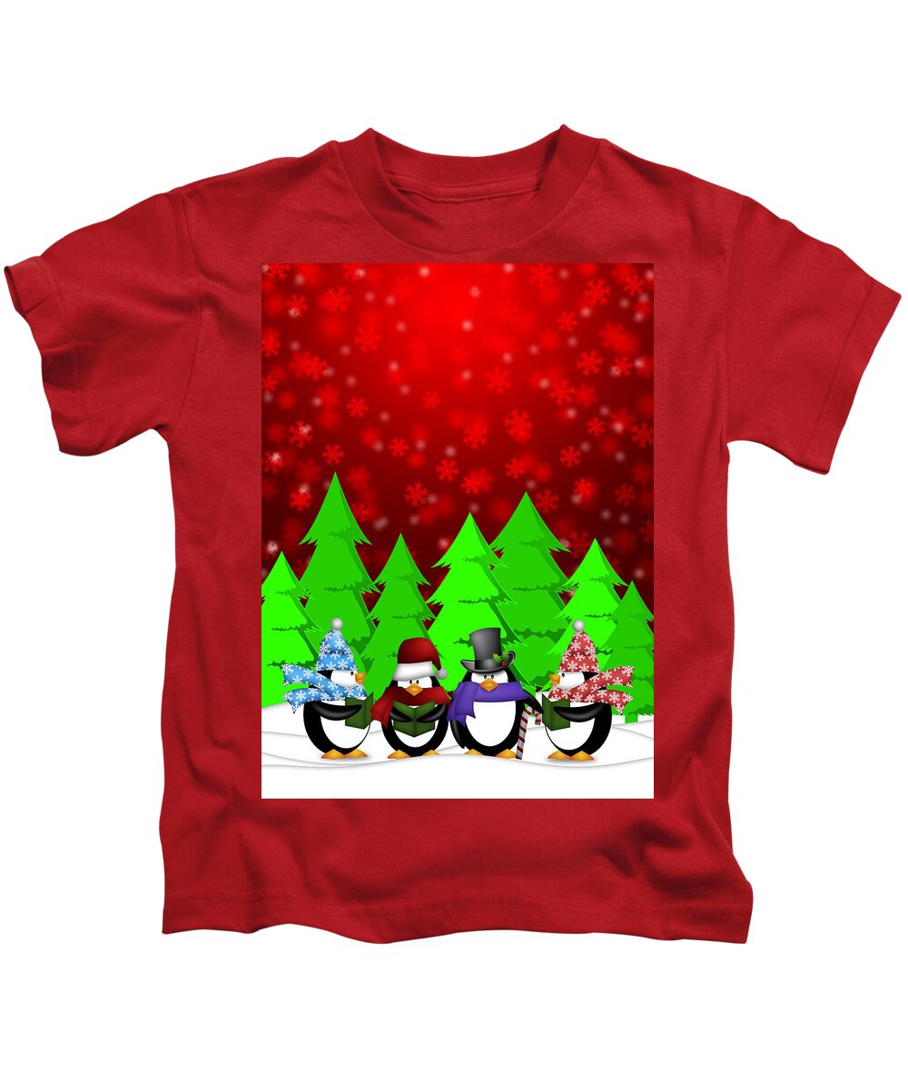 Christmas Kids T-Shirt featuring the digital art Penguins Carolers Singing with Red Winter Scene Illustration by Jit Lim