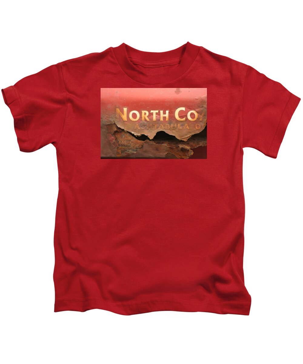 Rust Kids T-Shirt featuring the photograph Rusty metal North Coast Ashtabula Ohio by Valerie Collins