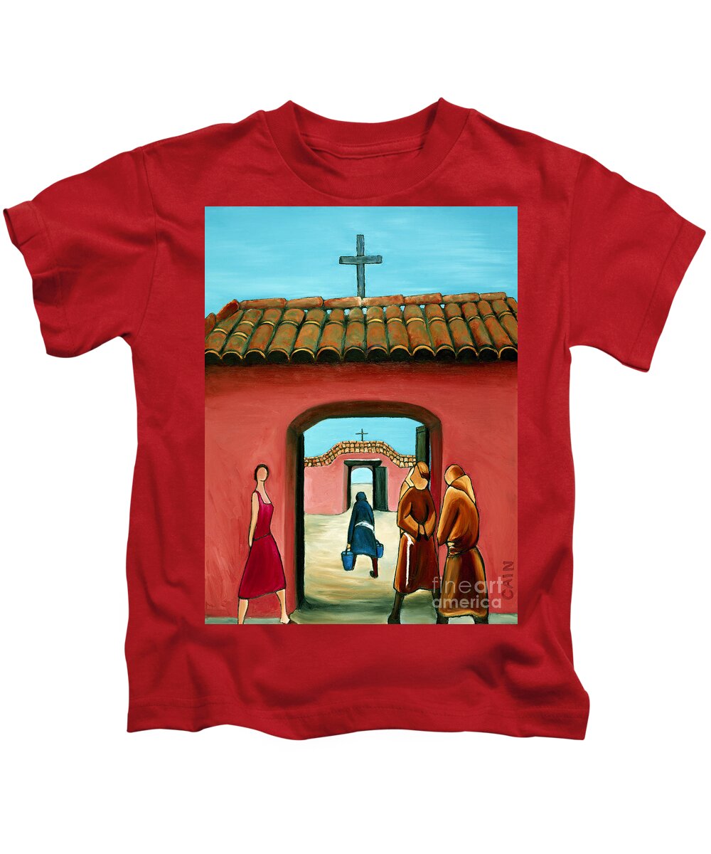 Santa Fe New Mexico Kids T-Shirt featuring the painting Santa Fe Church by William Cain