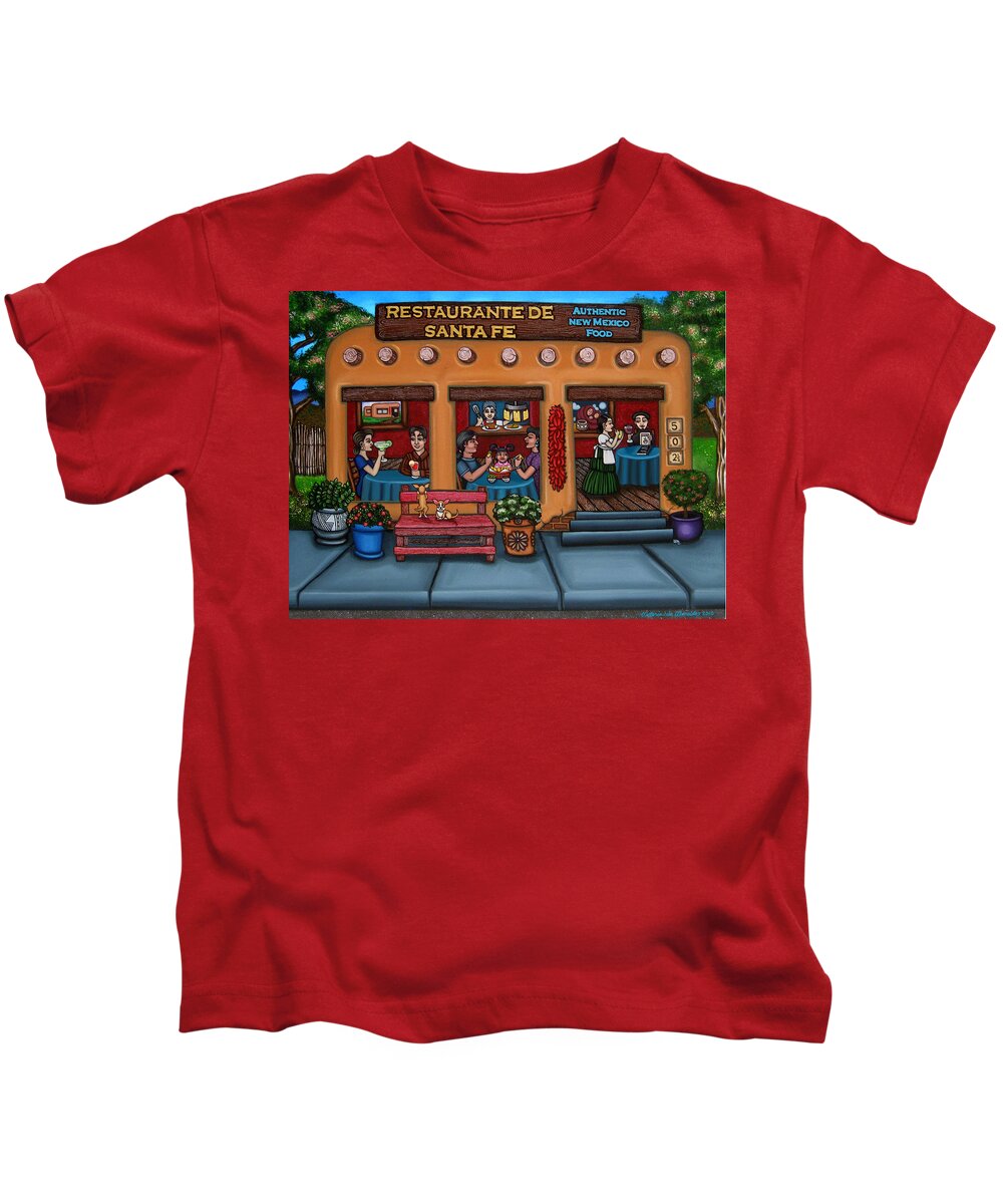 Folk Art Kids T-Shirt featuring the painting Santa Fe Restaurant by Victoria De Almeida