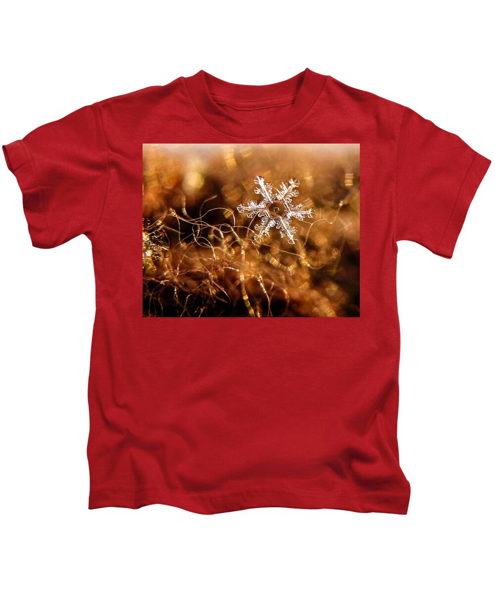 Bokeh Kids T-Shirt featuring the photograph Snowflake on Brown by Dawn Key