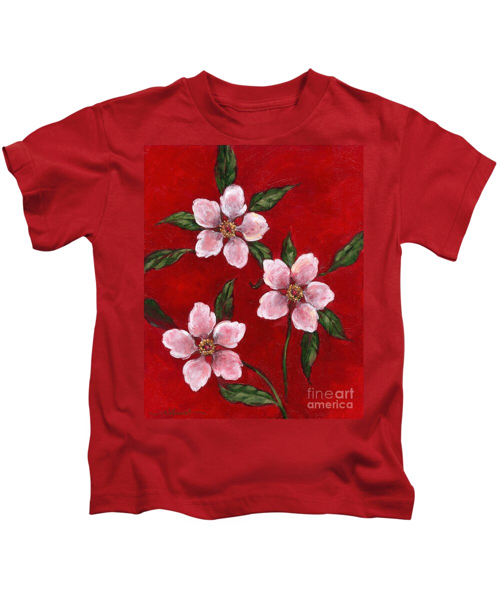 Red Kids T-Shirt featuring the painting Three Blossoms on Red by Randy Wollenmann