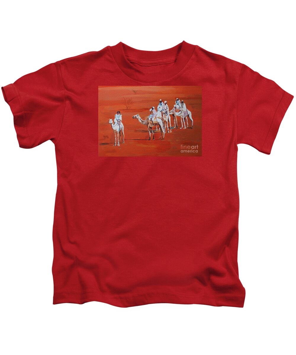 Travel By Camels Kids T-Shirt featuring the painting Travel by camels by Mohamed Fadul