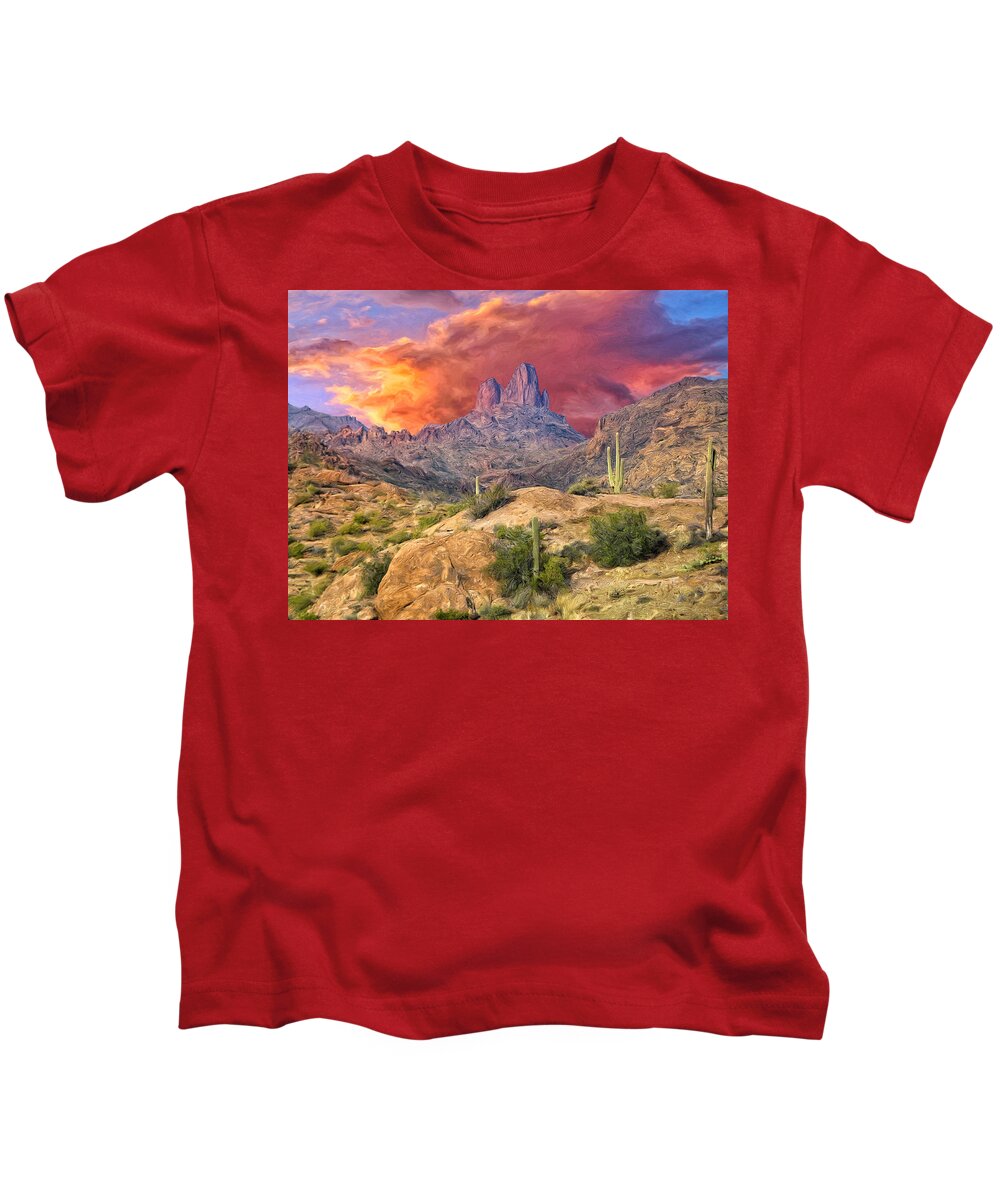 Weavers Needle Kids T-Shirt featuring the painting Weavers Needle by Dominic Piperata