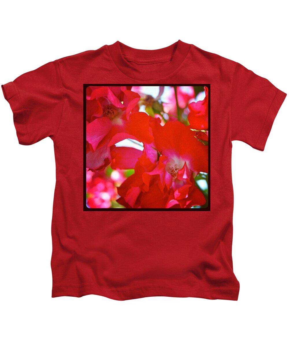 Floralstyles_gf Kids T-Shirt featuring the photograph #red #climbing_roses #flowers #roses by Anna Porter