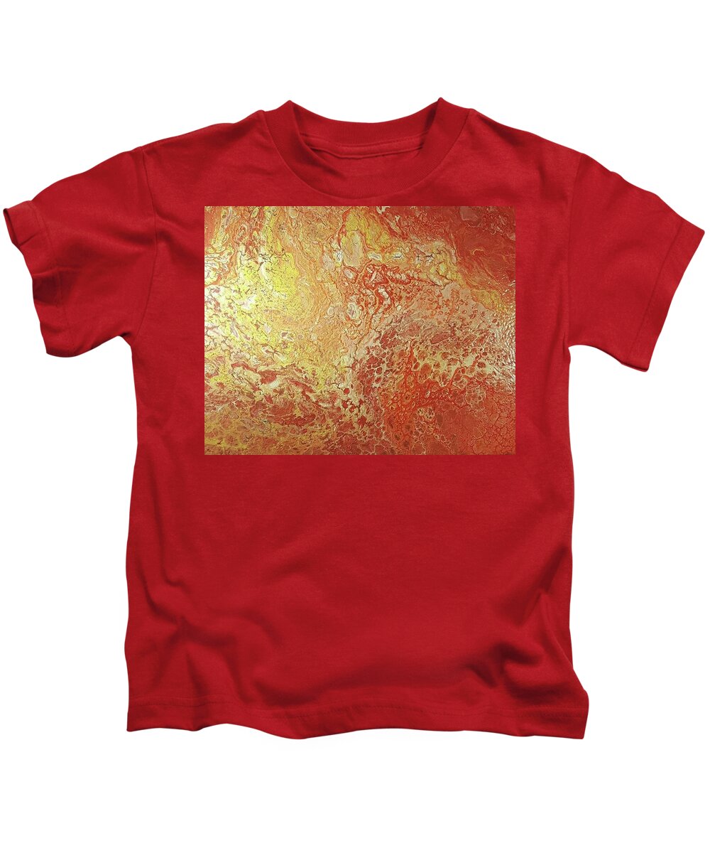 #acrylicdirtypour #abstractart #abstractartforsale #artforsale #originalartforsale #coolart #colorfart  #originalartforsale #acrylicartforsale Kids T-Shirt featuring the painting Acrylic Dirty Pour with Red yellows, orange and gold by Cynthia Silverman