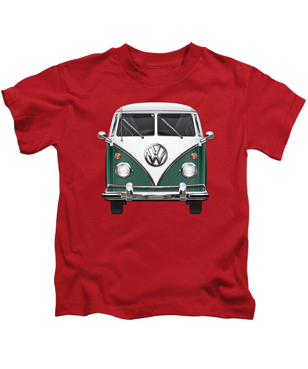 'volkswagen Type 2' Collection By Serge Averbukh Kids T-Shirt featuring the photograph Volkswagen Type 2 - Green and White Volkswagen T 1 Samba Bus over Red Canvas by Serge Averbukh