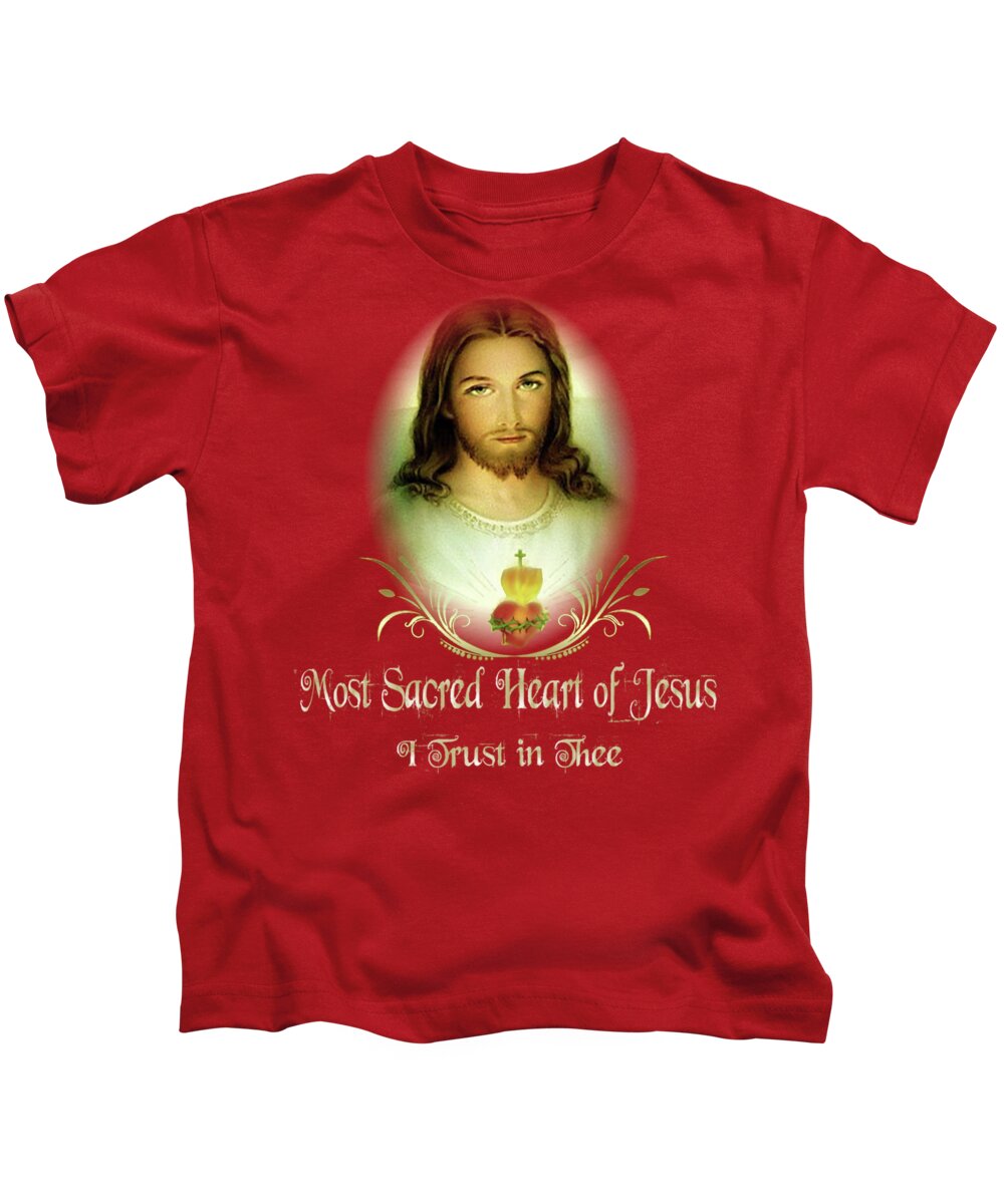 Jesus Kids T-Shirt featuring the mixed media Sacred Heart of Jesus St Faustina St Margaret Mary by Hw