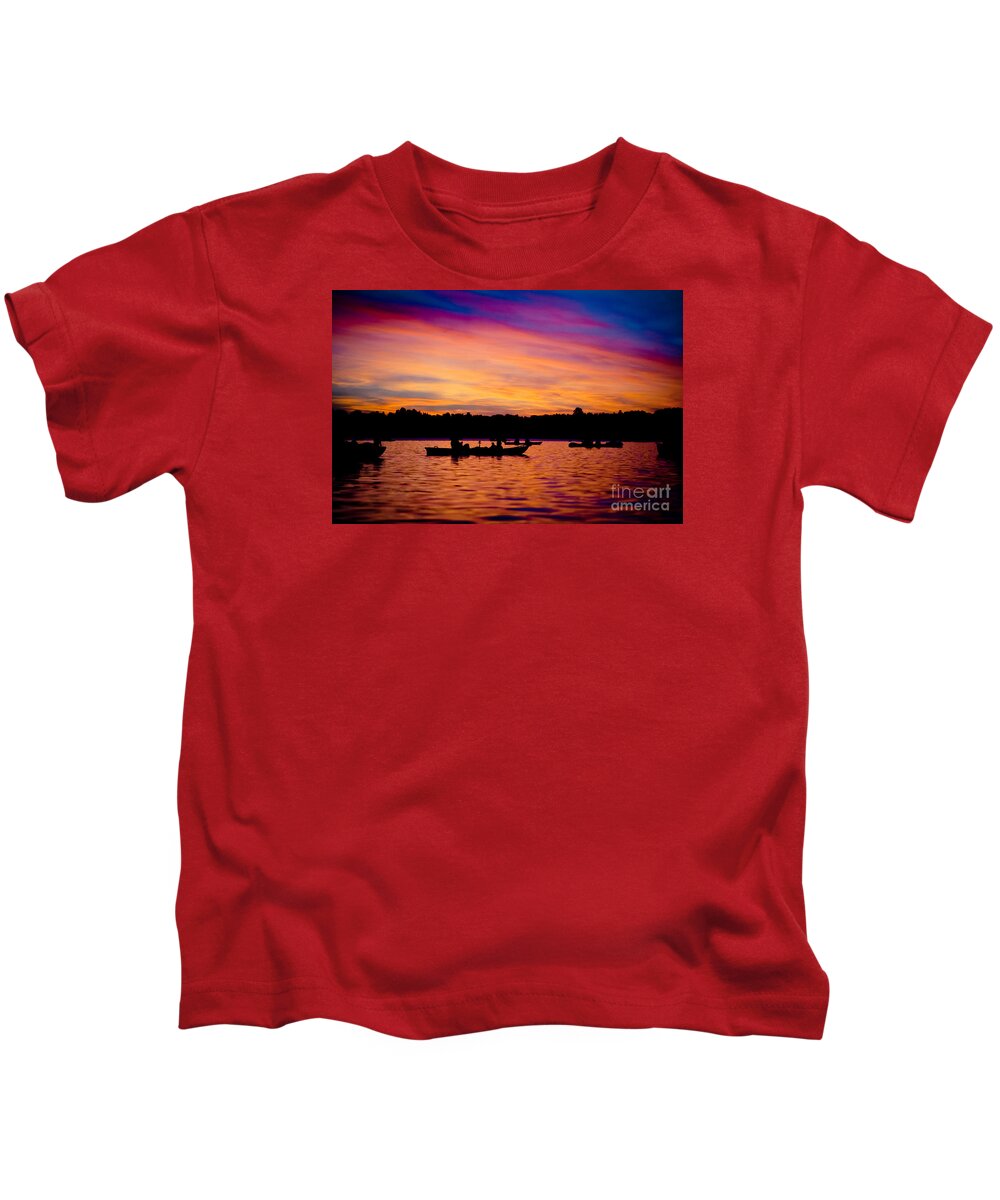 Waters Kids T-Shirt featuring the photograph Boats and Sunrise above lake water summer time Latvia Ezera skanas by Raimond Klavins