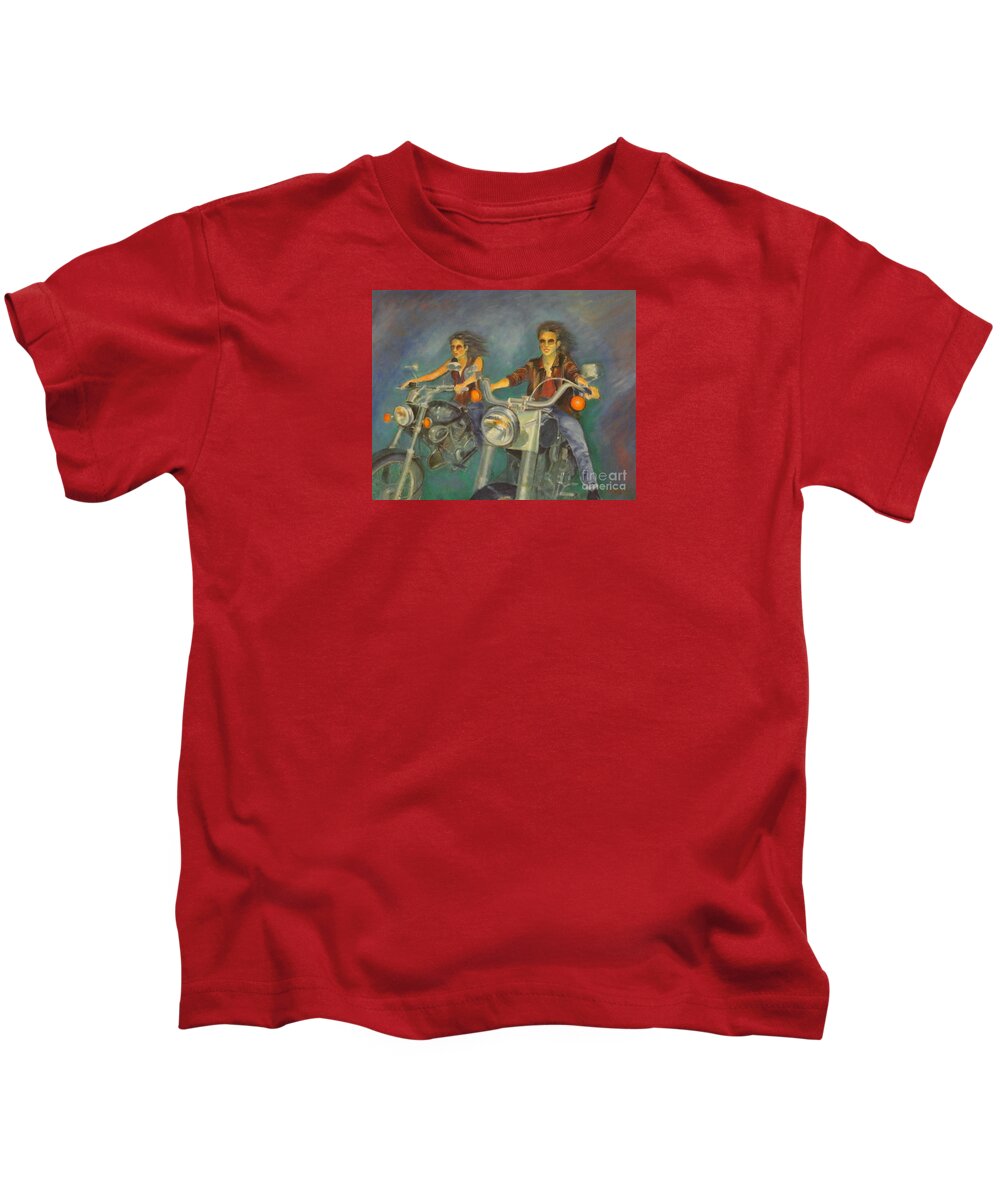 Motorbykes Kids T-Shirt featuring the painting Byker by Dagmar Helbig
