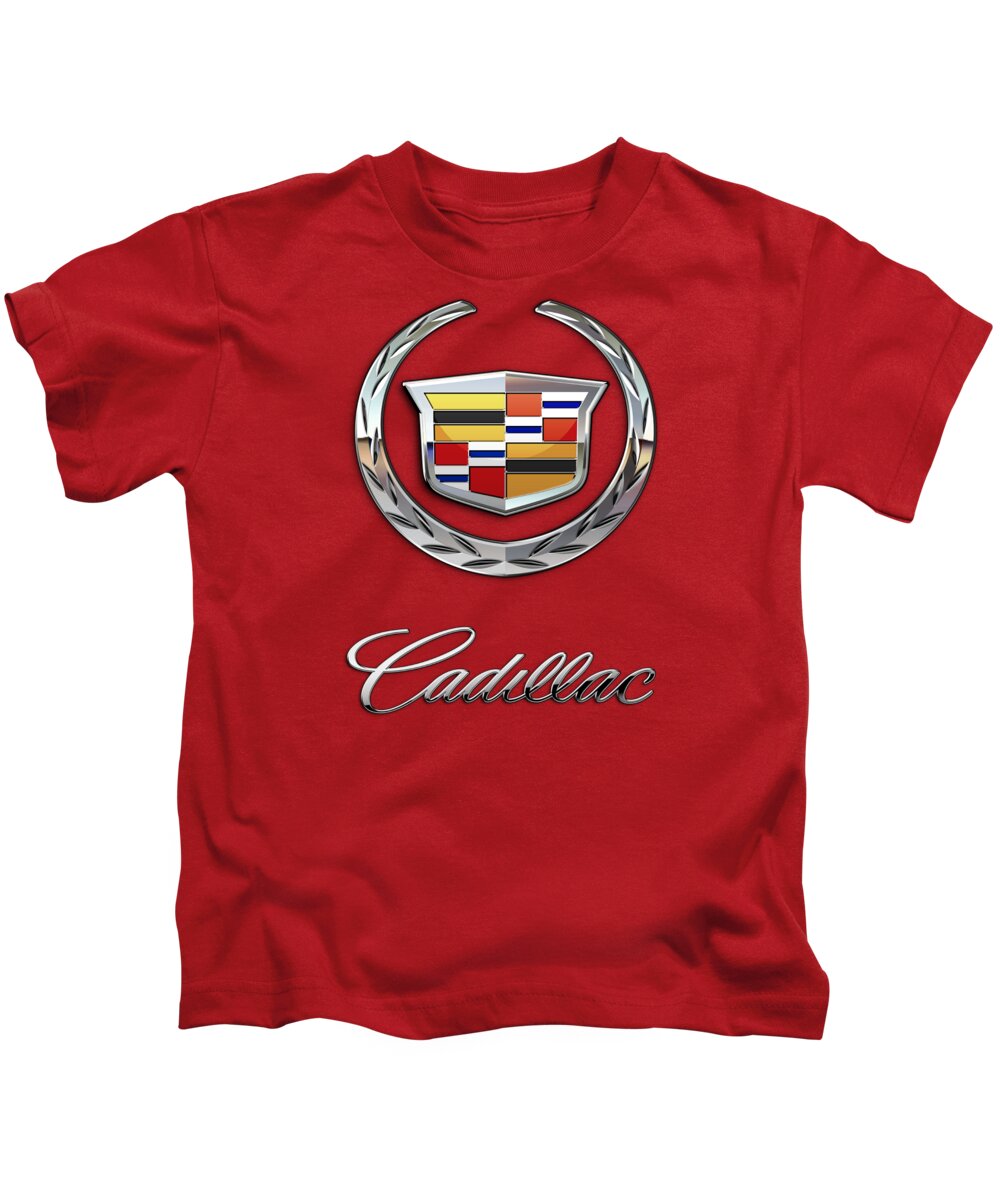 �wheels Of Fortune� Collection By Serge Averbukh Kids T-Shirt featuring the photograph Cadillac - 3 D Badge on Red by Serge Averbukh