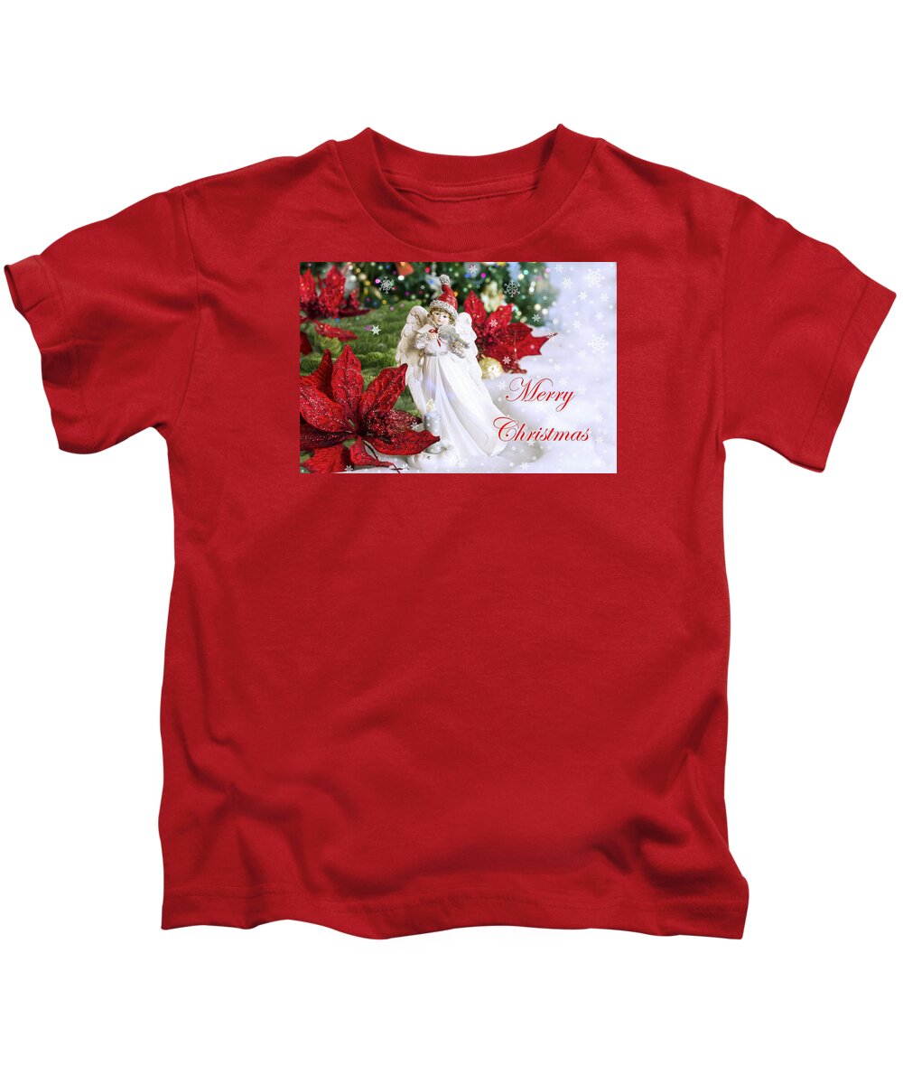 Christmas Card Kids T-Shirt featuring the mixed media Christmas Angel playing violin  by Marina Kojukhova