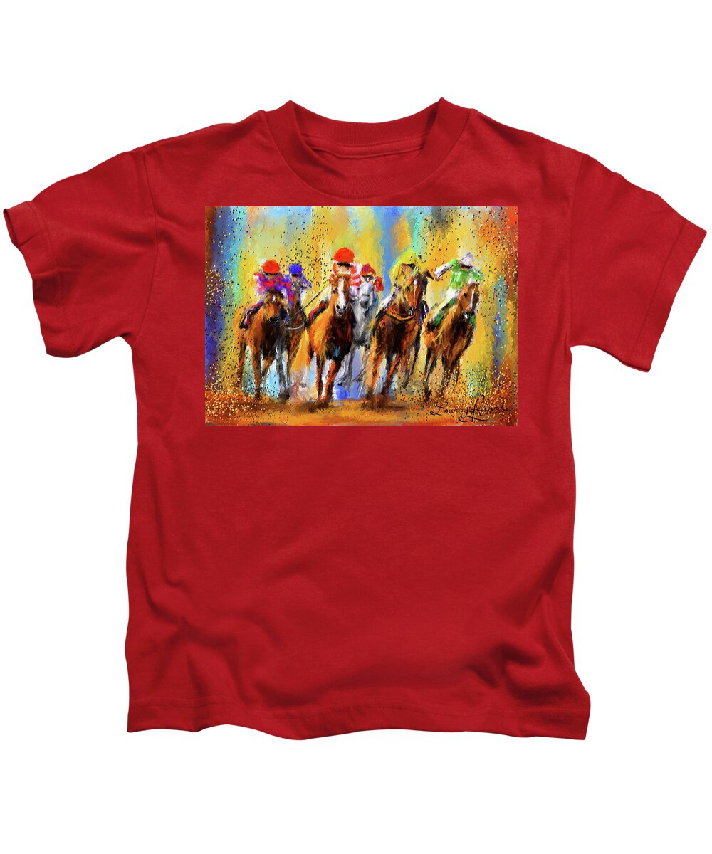 Horse Racing Kids T-Shirt featuring the painting Colorful Horse Racing Impressionist Paintings by Lourry Legarde