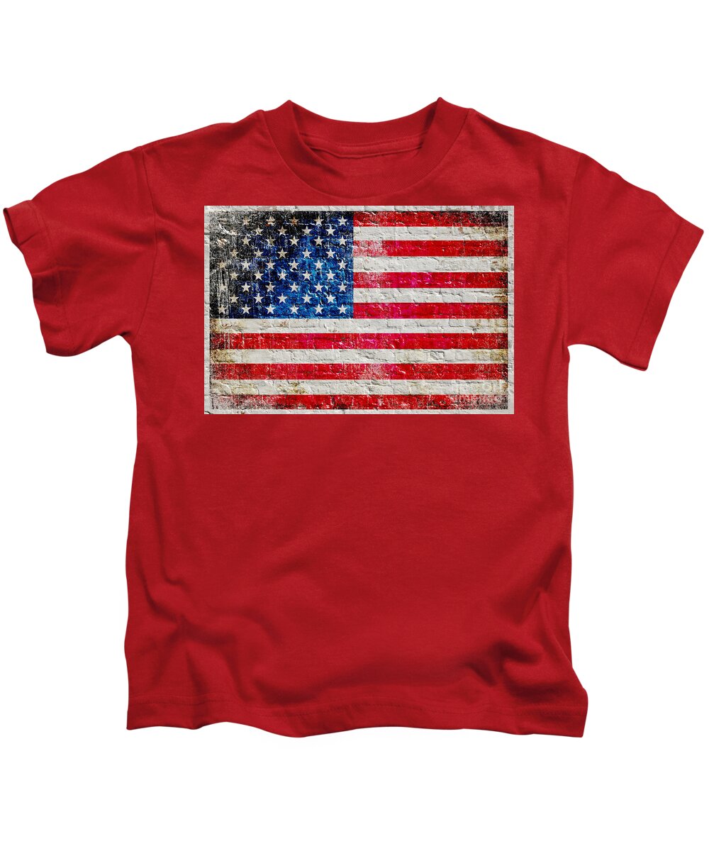 Wall Kids T-Shirt featuring the digital art Distressed American Flag On Old Brick Wall - Horizontal by M L C