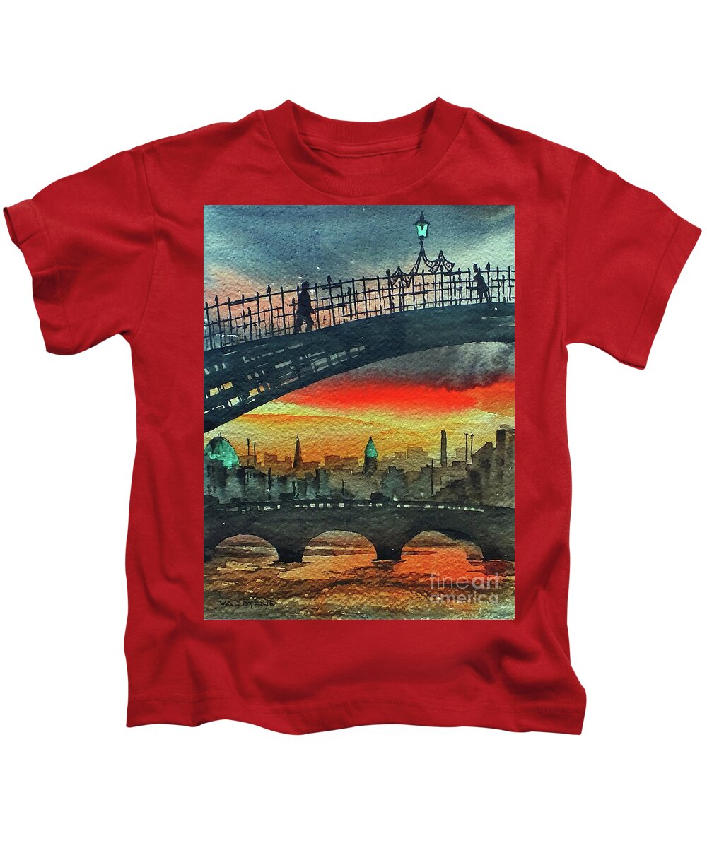 Ireland Kids T-Shirt featuring the painting F 711 Dublins Ha,penny Bridge. by Val Byrne